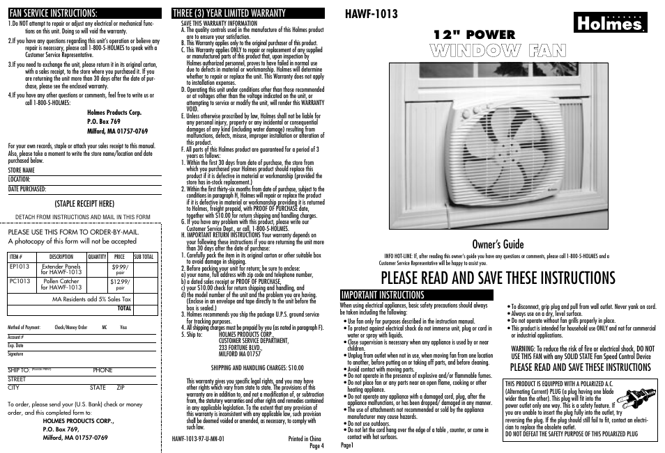 Holmes HAWF-1013 User Manual | 4 pages