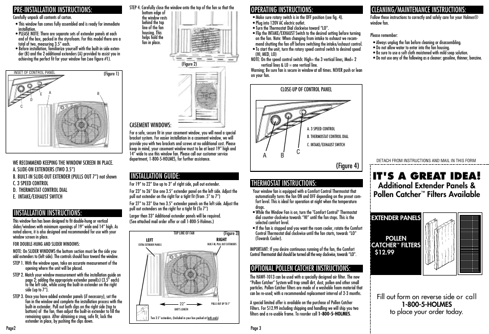 It's a great idea, Additional extender panels & pollen catcher, Filters available | Operating instructions, Thermostat instructions, Optional pollen catcher instructions, Cleaning/maintenance instructions, Pre-installation instructions, Installation instructions, Installation guide | Holmes HAWF-1013 User Manual | Page 3 / 4