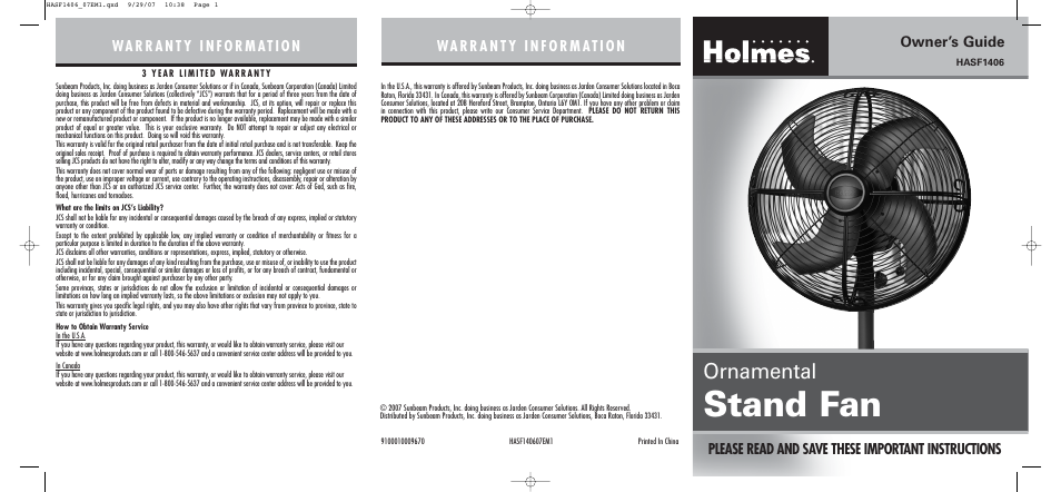 Holmes HASF1406 User Manual | 2 pages