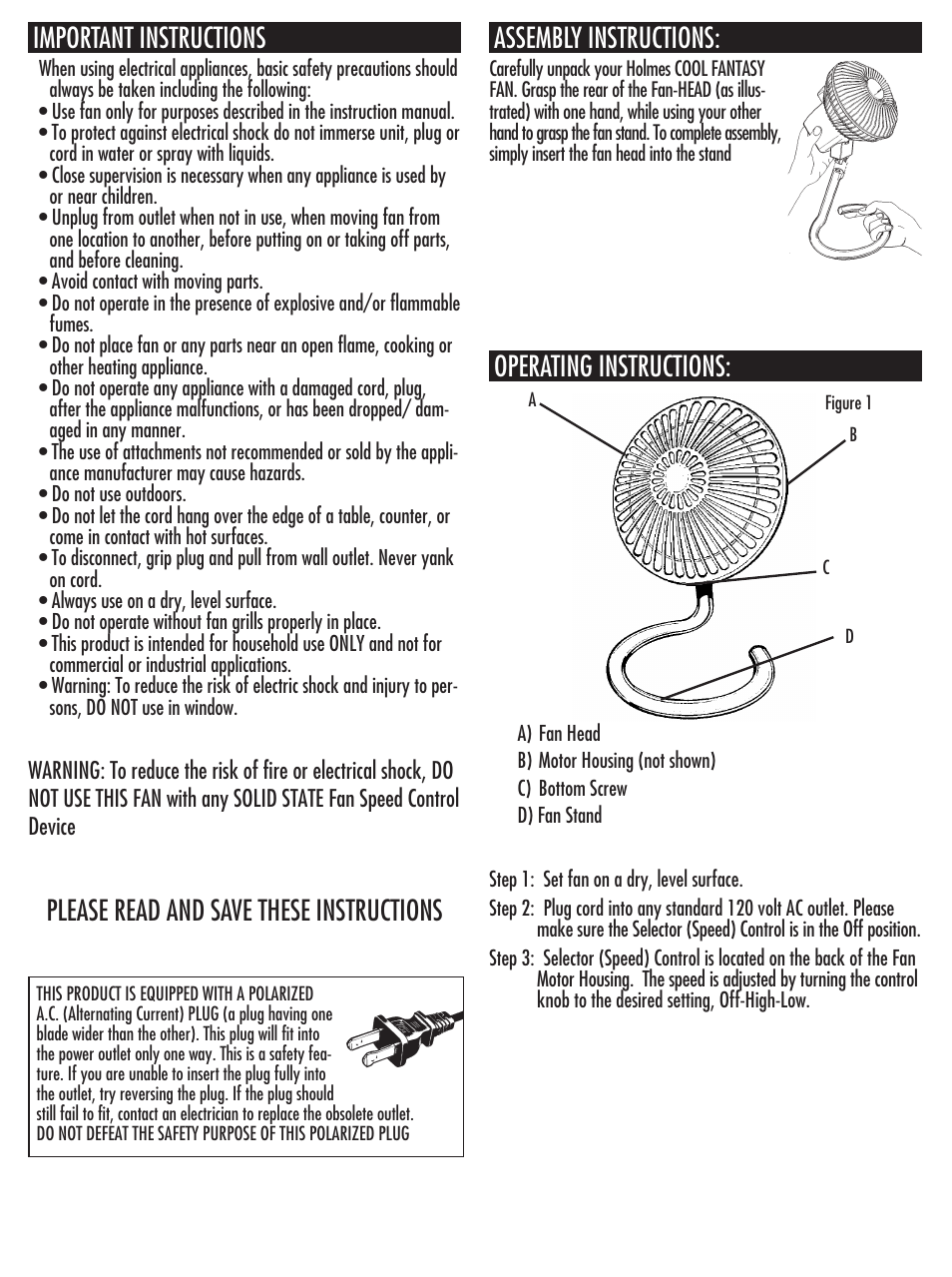 Important instructions, Operating instructions | Holmes HANF-75 User Manual | Page 2 / 4