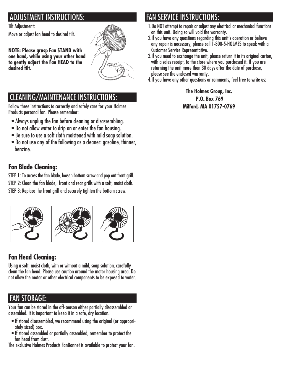 Adjustment instructions, Cleaning/maintenance instructions, Fan storage | Fan service instructions | Holmes HANF-75 User Manual | Page 3 / 4