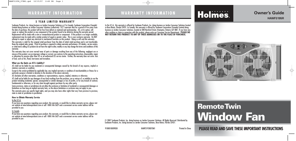 Holmes HAWF3195R User Manual | 2 pages