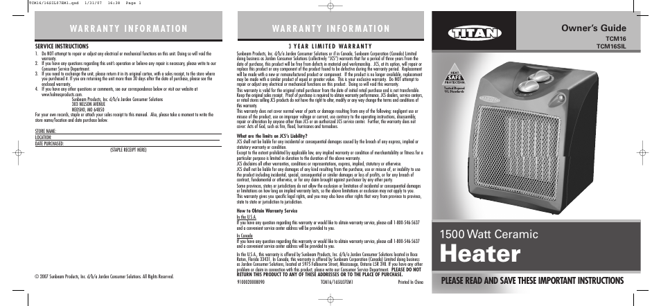 Holmes TCM16SIL User Manual | 2 pages