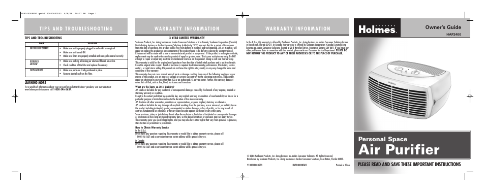 Holmes HAP2400B-U User Manual | 2 pages