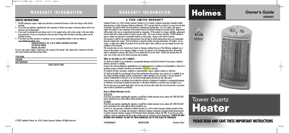 Holmes HQH307 User Manual | 2 pages