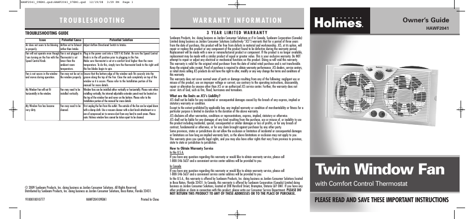 Holmes HAWF204109EM1 User Manual | 2 pages