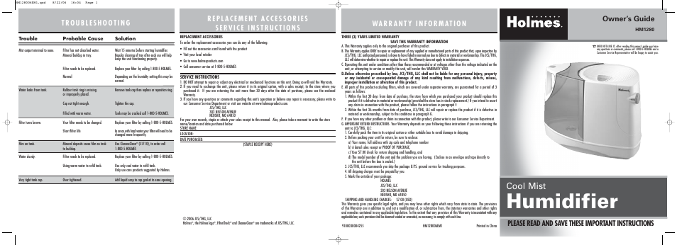 Holmes HM1280 User Manual | 2 pages