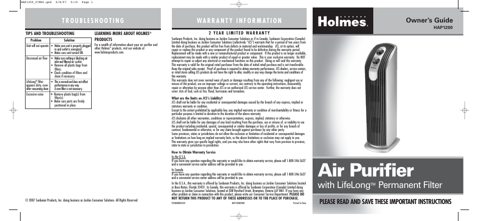 Holmes HAP1200 User Manual | 2 pages