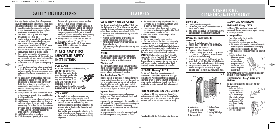 Please save these important safety instructions | Holmes HAP1200 User Manual | Page 2 / 2