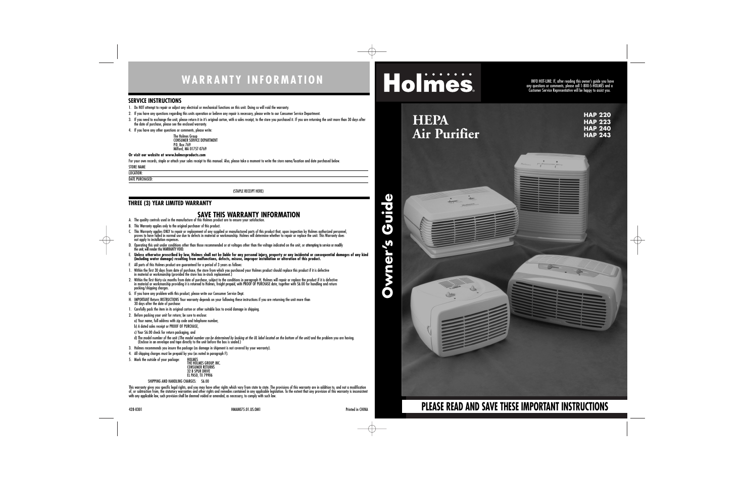 Holmes HAP 220 User Manual | 4 pages