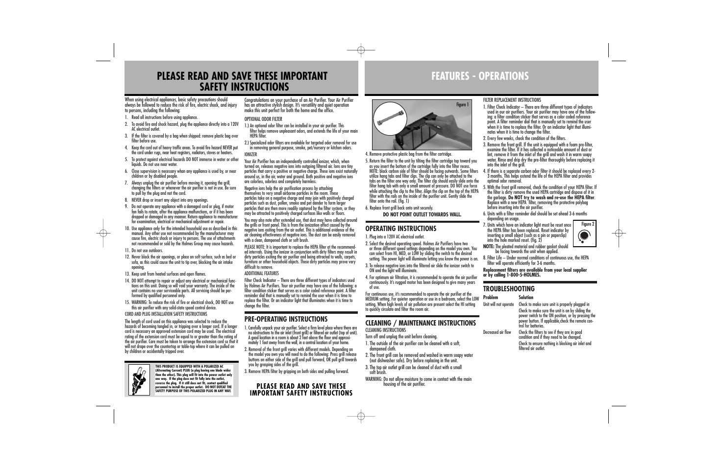 Operating instructions, Cleaning / maintenance instructions, Troubleshooting | Pre-operating instructions | Holmes HAP 220 User Manual | Page 2 / 4