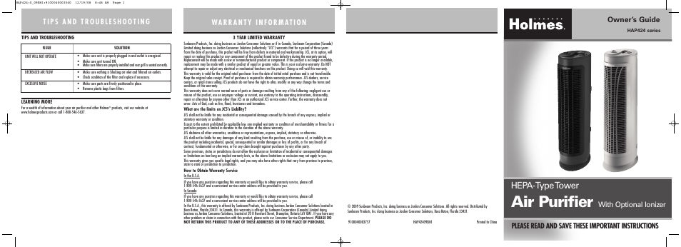Holmes HAP42409EM1 User Manual | 2 pages