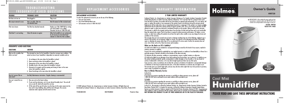 Holmes HM729 User Manual | 2 pages