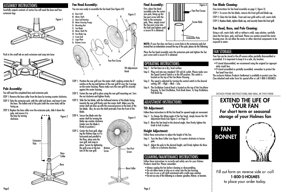 Extend the life of your fan, Fan bonnet, Operating instructions | Adjustment instructions, Cleaning/maintenance instructions, Fan storage, Assembly instructions | Holmes HASF2018 User Manual | Page 2 / 4
