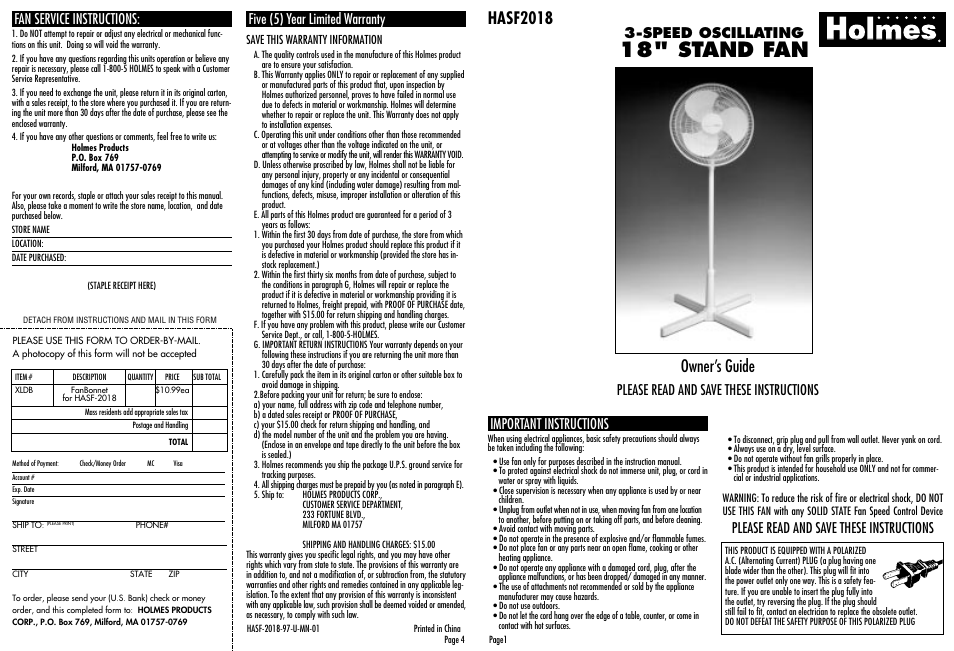 18" stand fan, Hasf2018, Owner’s guide | Important instructions, Five (5) year limited warranty | Holmes HASF2018 User Manual | Page 4 / 4