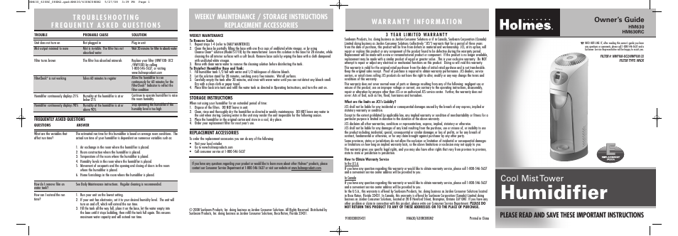 Holmes HM630-U User Manual | 2 pages