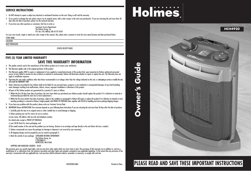 Accutemp, Ceramic heater, Owner ’s guide | Please read and save these important instructions | Holmes HCH4920 User Manual | Page 4 / 4