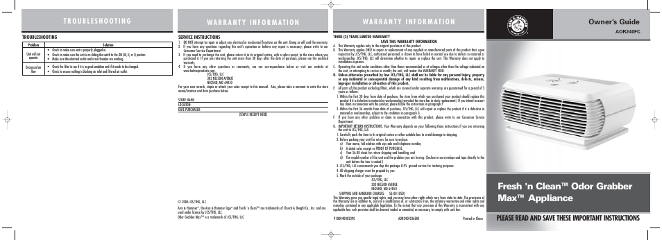 Holmes AOR240FC User Manual | 2 pages