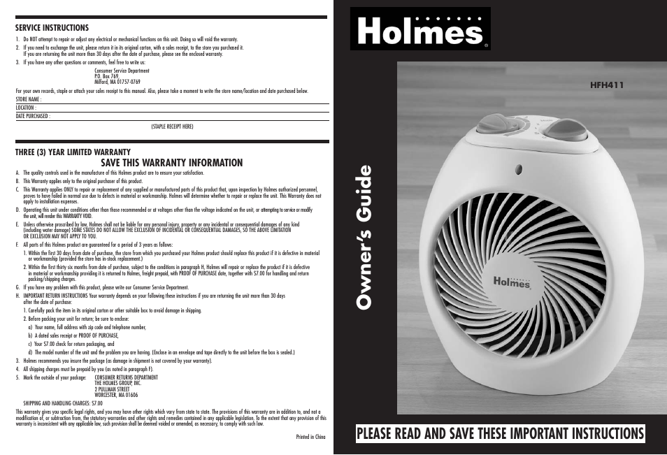 Power heater, Owner ’s guide, Please read and save these important instructions | Save this warranty information | Holmes HFH411 User Manual | Page 4 / 4