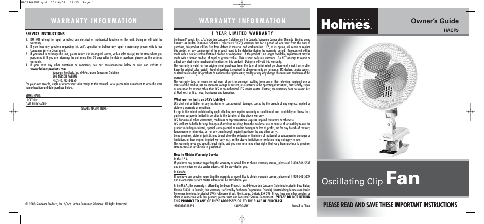 Holmes HACP9 User Manual | 2 pages