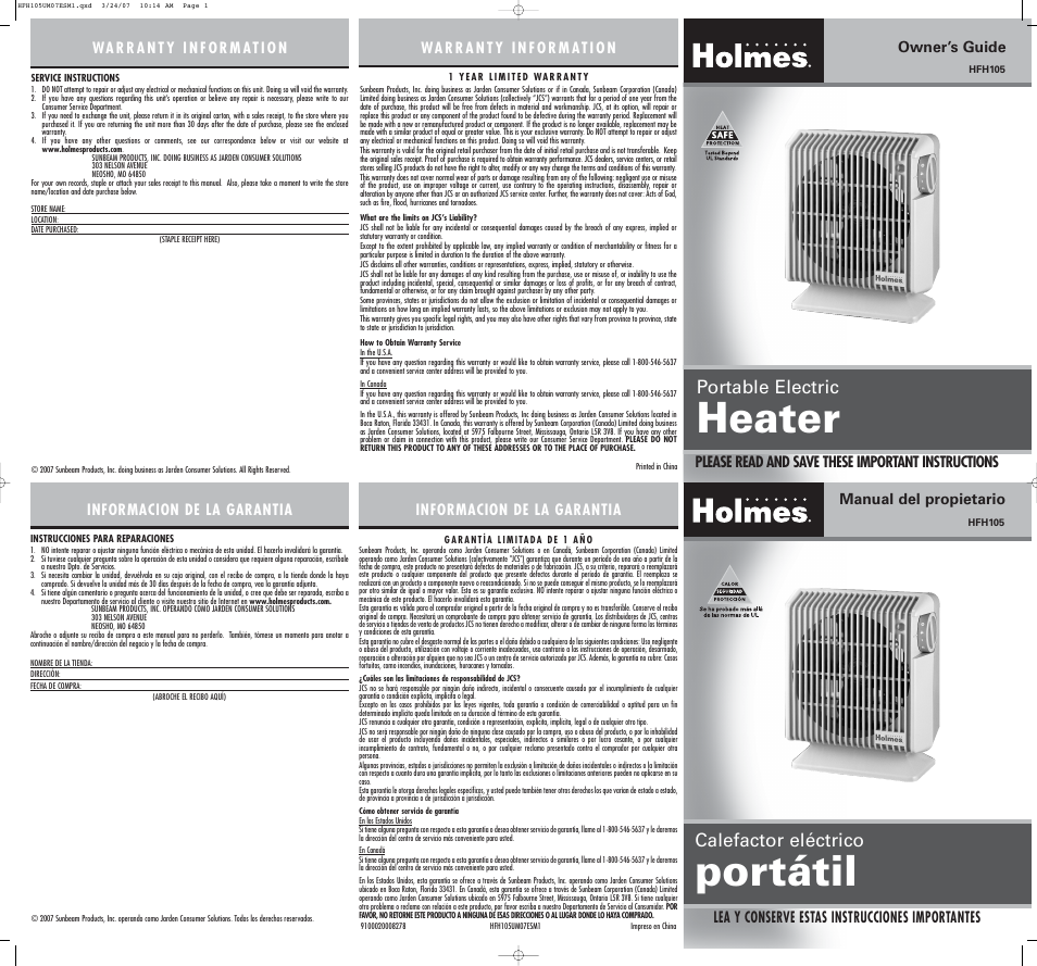 Holmes HFH105 User Manual | 2 pages