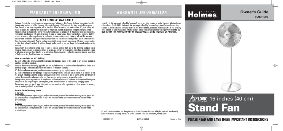 Holmes HASF1603BM2 User Manual | 2 pages