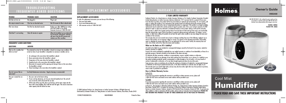 Holmes HM2409 User Manual | 2 pages