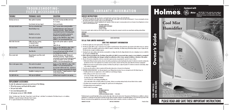 Holmes HWF100 User Manual | 2 pages