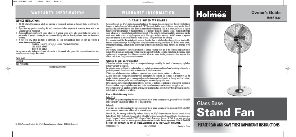 Holmes HASF1620 User Manual | 2 pages