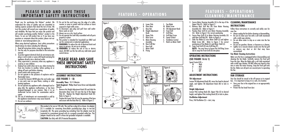 Assembly instructions (see figure 1 - 8), Operating instructions (see figure 1a & 1), Adjustment instructions | Cleaning/maintenance instructions, Fan storage | Holmes HASF1620 User Manual | Page 2 / 2