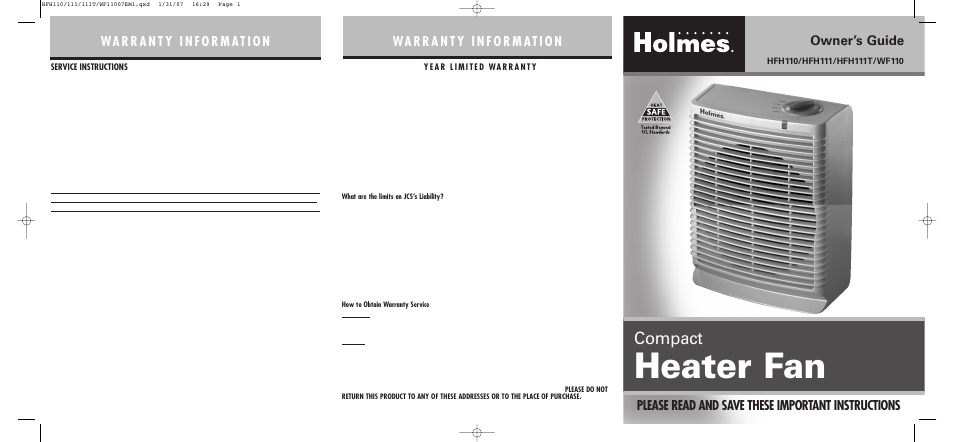 Holmes HFH111T User Manual | 2 pages