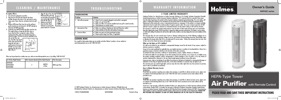 Holmes HAP422 User Manual | 2 pages