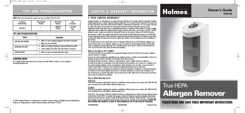 Holmes HAP706 User Manual | 2 pages