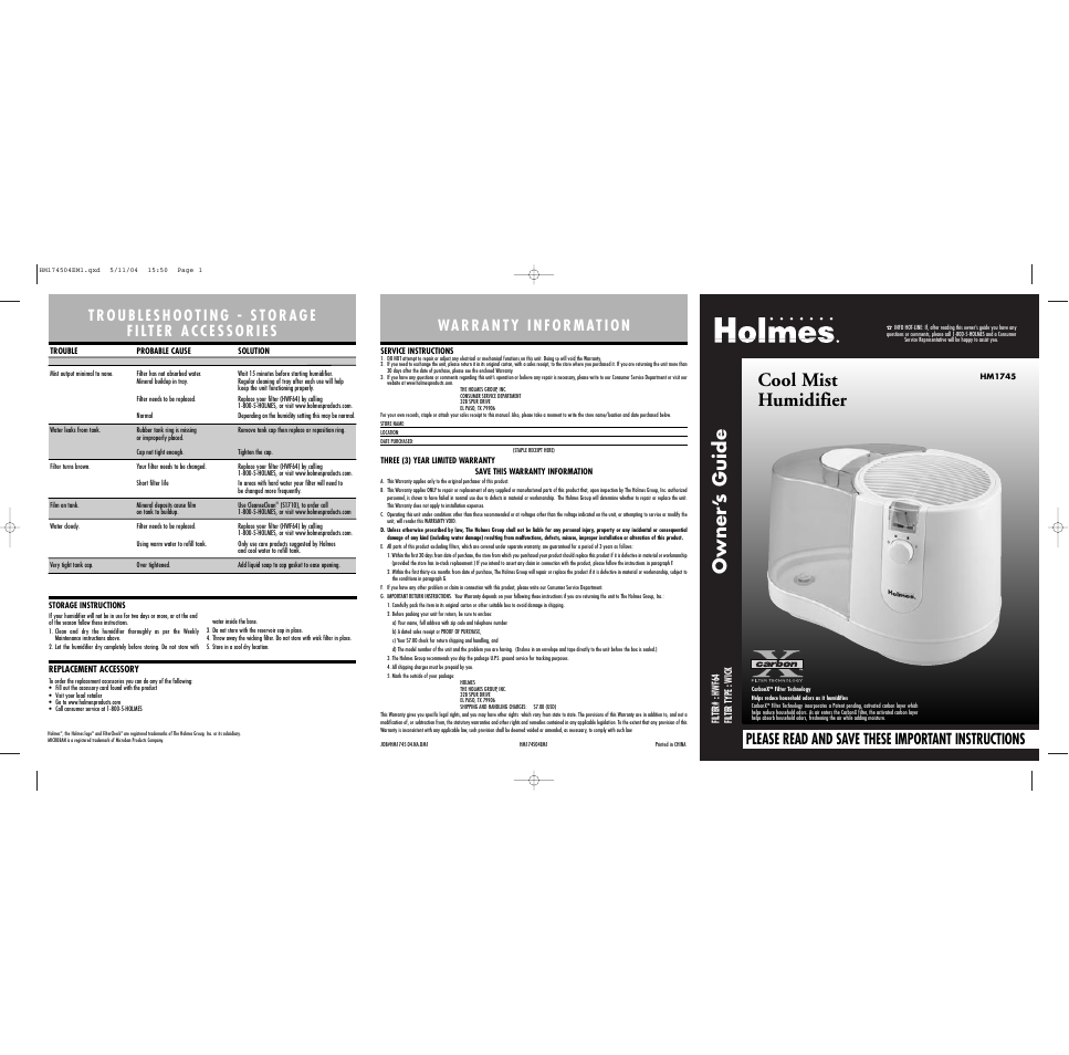 Holmes X Carbon HM1745 User Manual | 2 pages