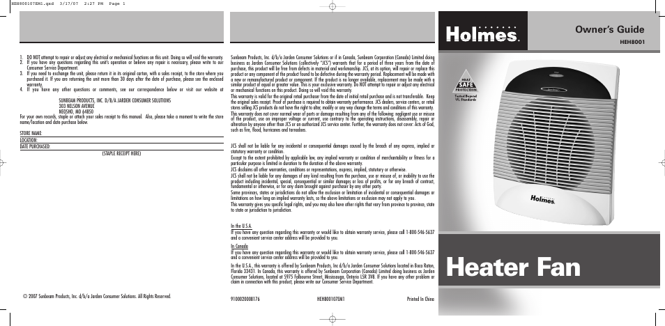 Holmes HEH8001 User Manual | 2 pages