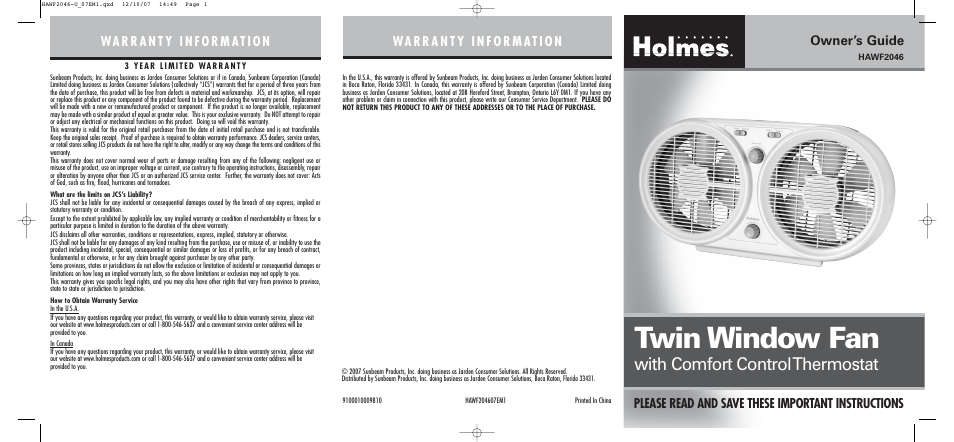 Holmes HAWF2046 User Manual | 2 pages