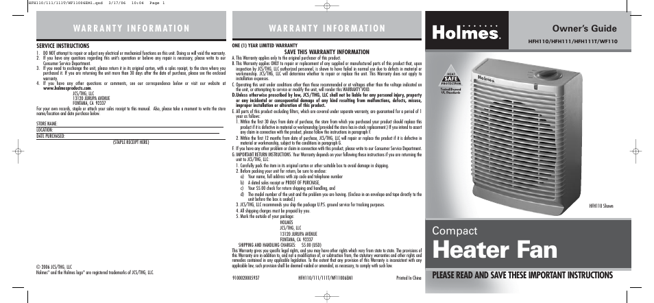 Holmes WF110 User Manual | 2 pages