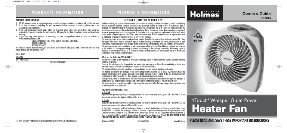 Holmes HFH2986 User Manual | 2 pages