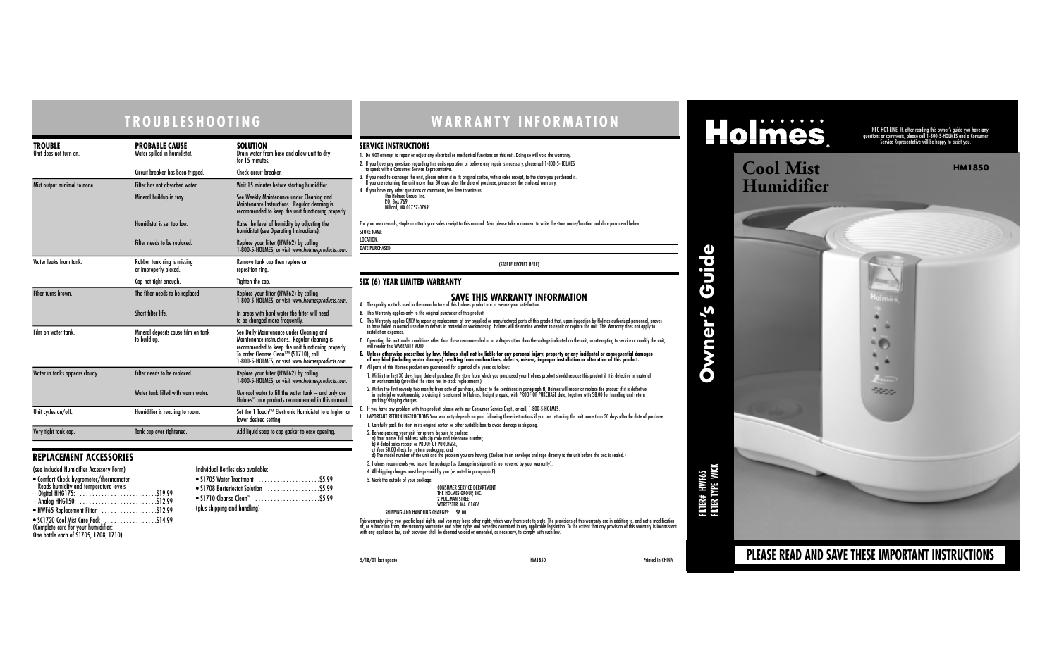 Cool mist humidifier, Owner ’s guide, Please read and save these important instructions | Save this warranty information, Fil ter# hwf65 fil ter type wick, Replacement accessories | Holmes HM1850 User Manual | Page 5 / 6