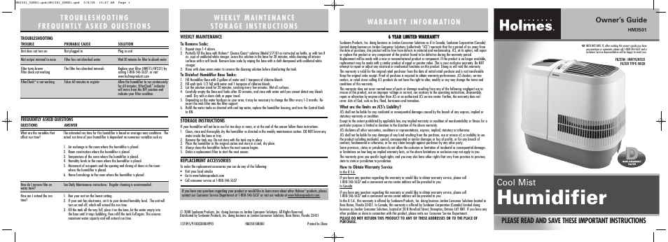 Holmes HM3501 User Manual | 2 pages