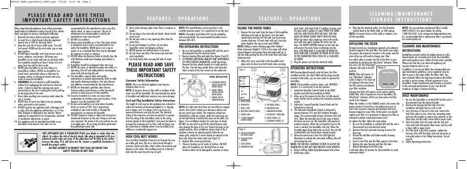 Filling the water tanks, Operating instructions, Replacing the filter | Cleaning and maintenance instructions, Daily maintenance, How cool mist works, Pre-operating instructions | Holmes HM3501 User Manual | Page 2 / 2