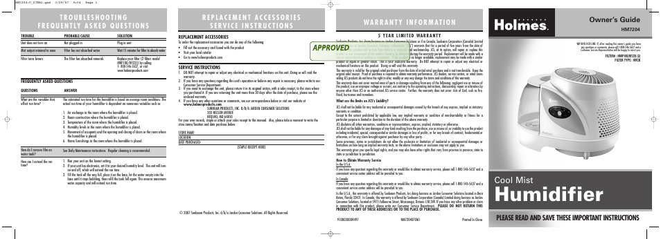 Holmes HM7204 User Manual | 2 pages