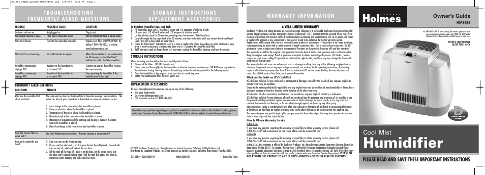 Holmes HM3656 User Manual | 2 pages