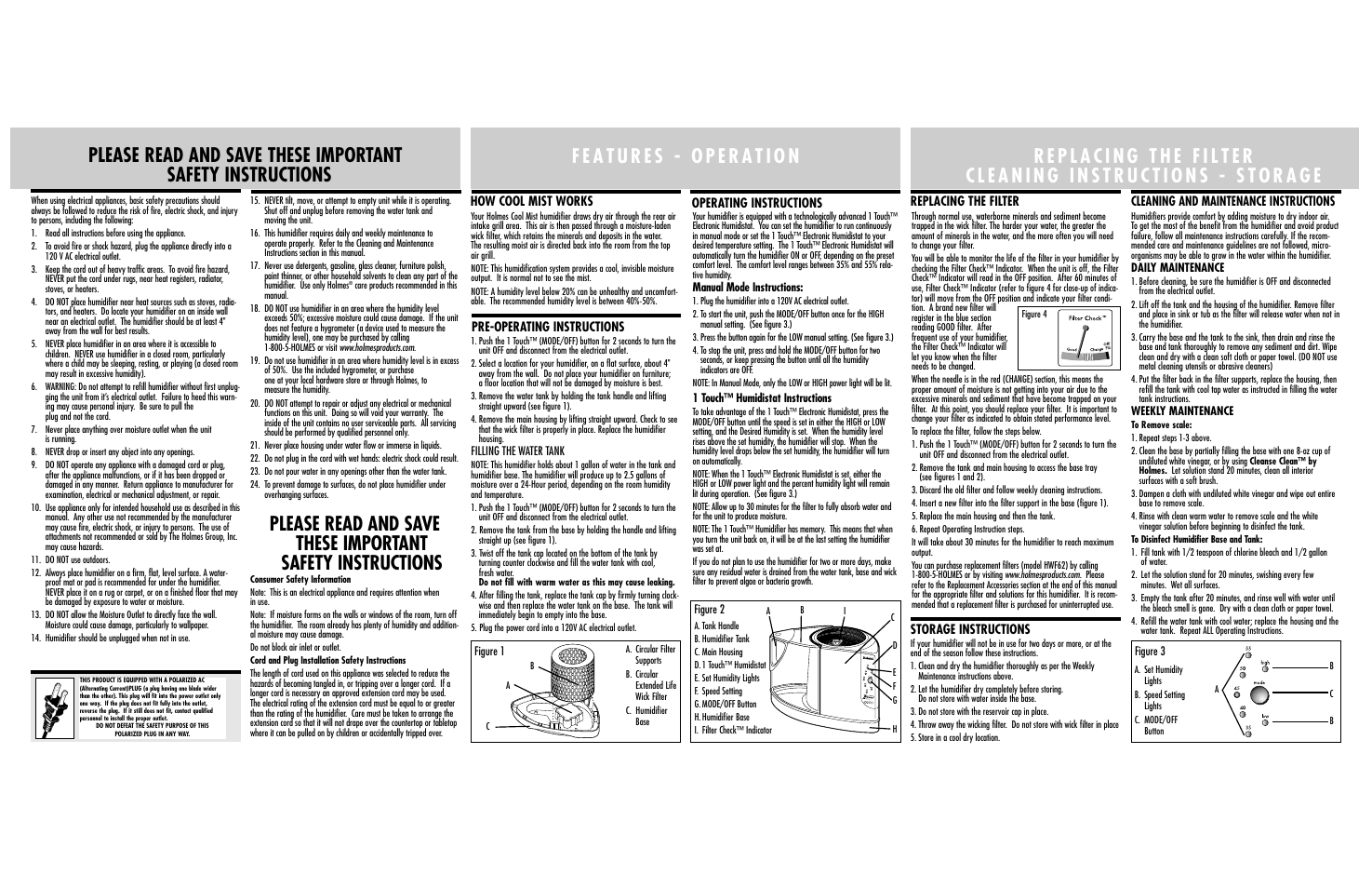 Replacing the filter, Cleaning and maintenance instructions, How cool mist works | Pre-operating instructions, Operating instructions, Storage instructions | Holmes HM1295 User Manual | Page 2 / 6