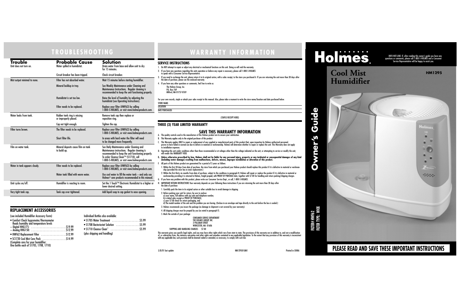 Cool mist humidifier, Owner ’s guide, Please read and save these important instructions | Trouble probable cause solution, Save this warranty information, Fil ter# hwf62 fil ter type: wick, Replacement accessories | Holmes HM1295 User Manual | Page 6 / 6