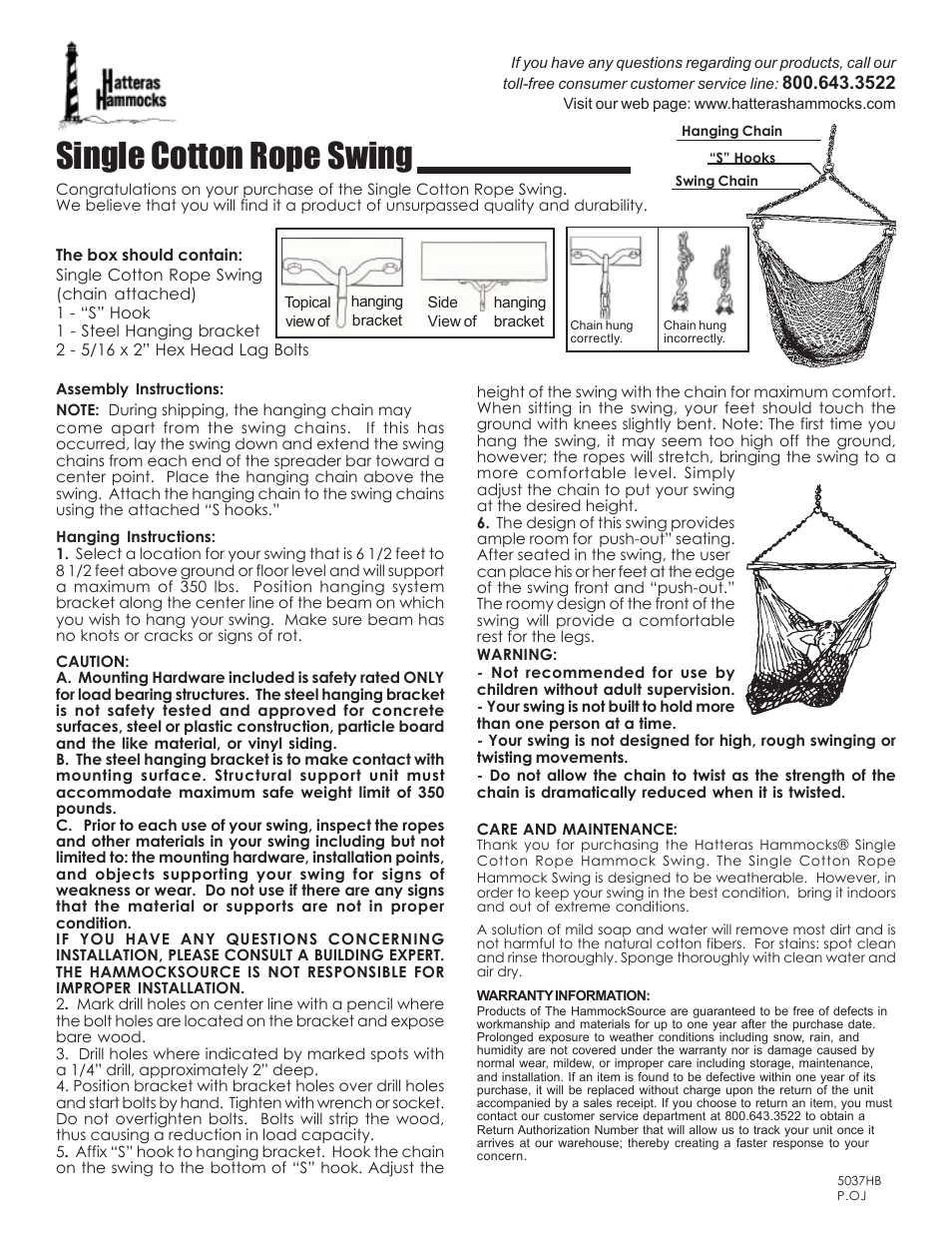 Hatteras Hammocks Single Cotton Rope Swing User Manual | 1 page