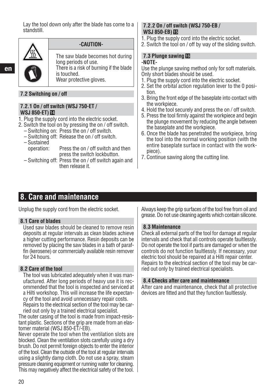 Care and maintenance | Hilti WSJ 750 User Manual | Page 13 / 17