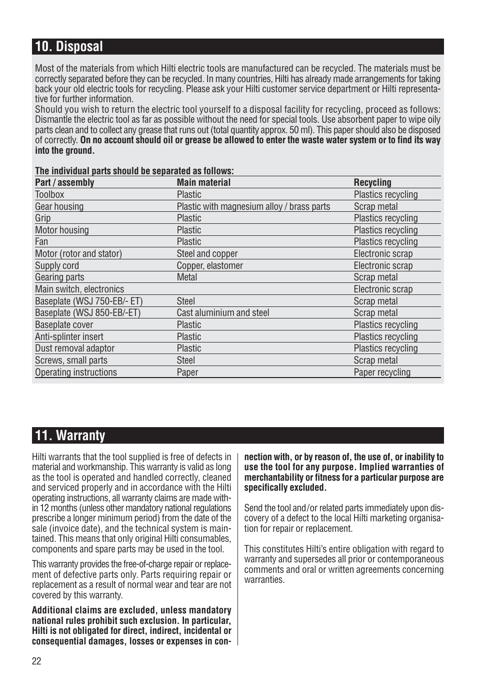 Disposal, Warranty | Hilti WSJ 750 User Manual | Page 15 / 17