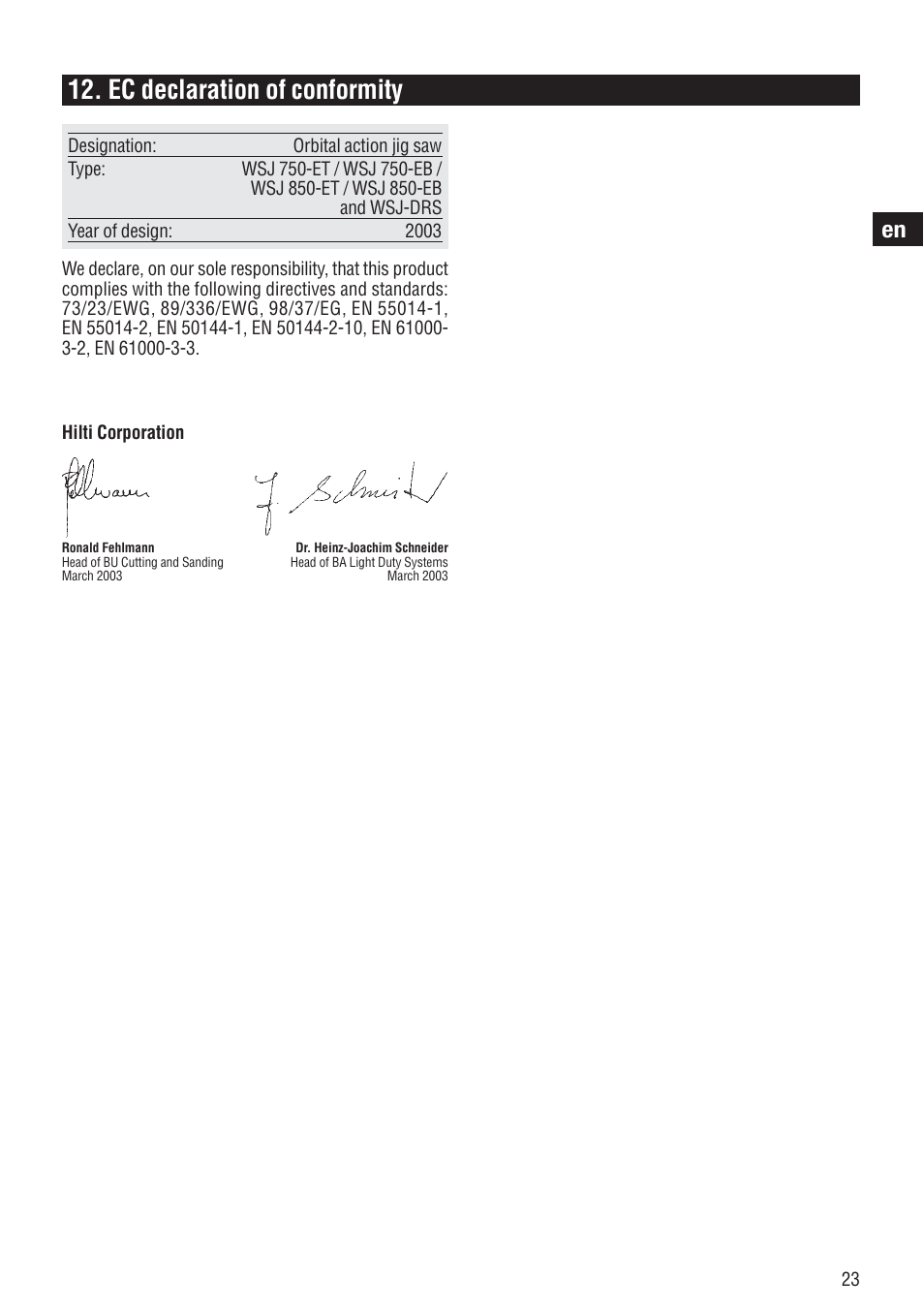 Ec declaration of conformity | Hilti WSJ 750 User Manual | Page 16 / 17