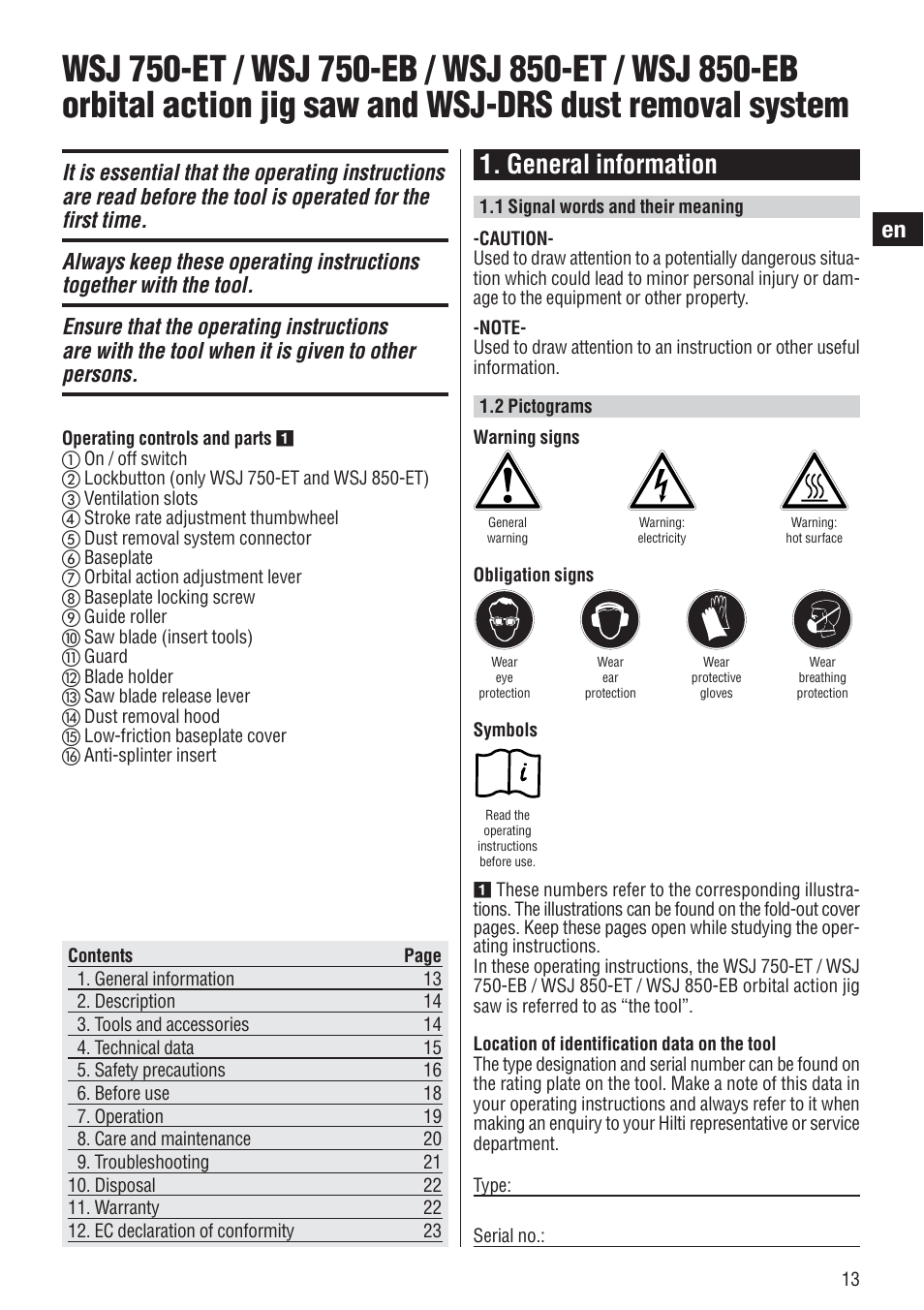General information | Hilti WSJ 750 User Manual | Page 6 / 17